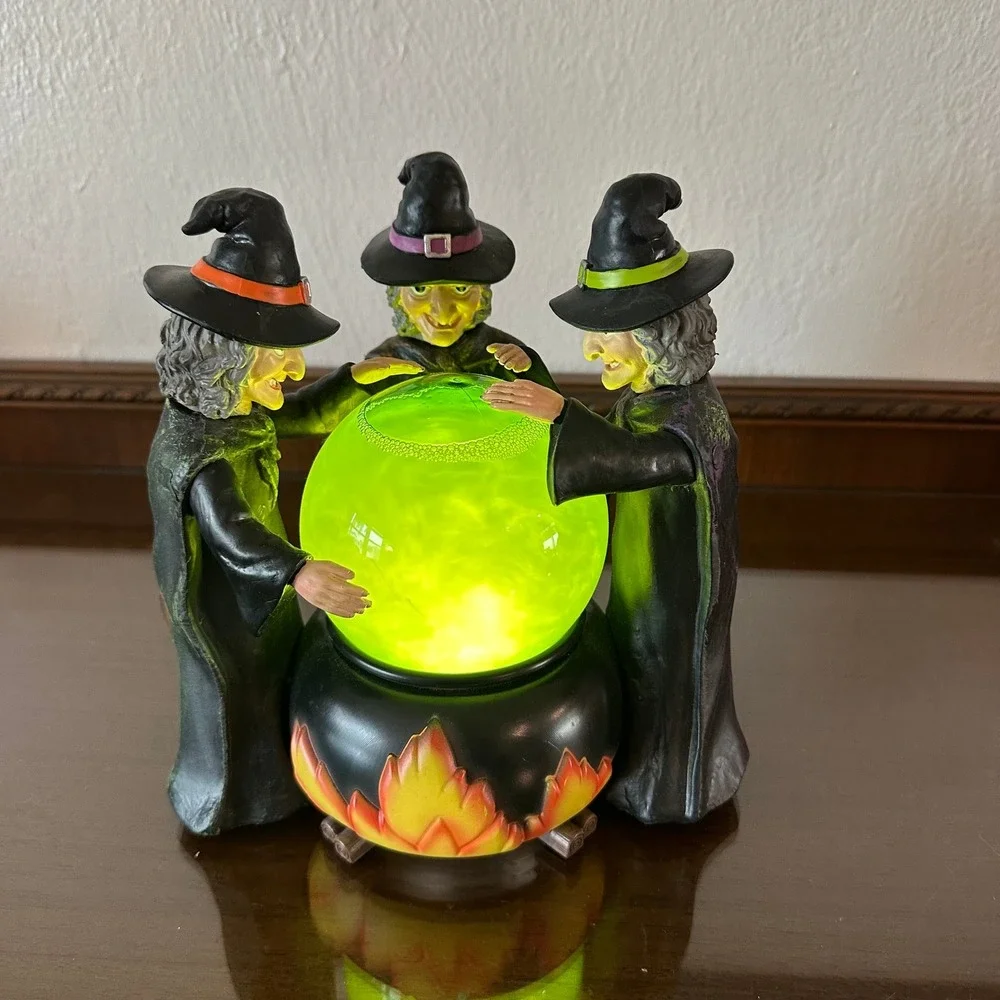 Halloween Snow Globe Three Witches Green Glowing Swirl Cauldron Over Fire 9in